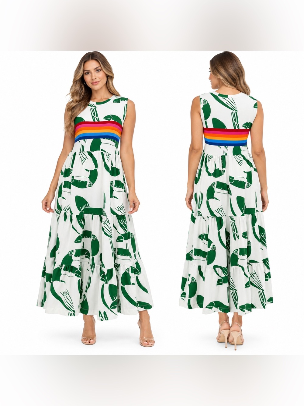Farm Rio Tropical Toucan Rainbow Stripe Tiered Maxi Dress Sleeveless Green White